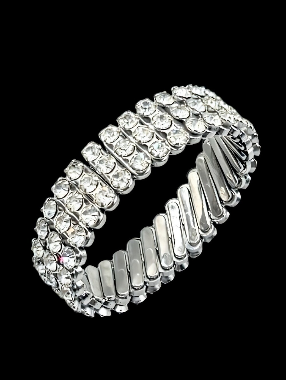 💎 Art Deco Vintage 50's 3 Row Expansion Stretch Flex Clear Rhinestone Bracelet